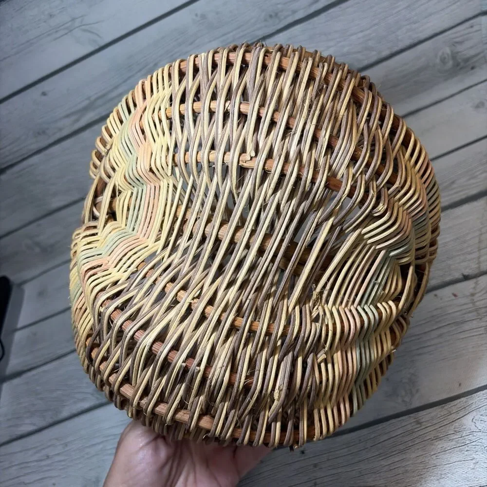 Vtg Woven Berry, Egg Butt Basket Handle God's Eye Gather Farm Twisted Handle